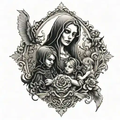 Gothic themed mother and 3 children incorporated tattoo design idea