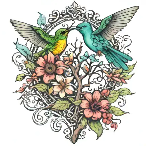 A tree of life with a humming-bird and a butterfly, and the name of emmanuel , alisson , melodie , nathan and luca tattoo design idea