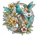 A tree of life with a humming-bird and a butterfly, and the name of emmanuel , alisson , melodie , nathan and luca tattoo design idea