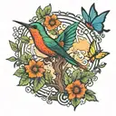 A tree of life with a humming-bird and a butterfly, and the name of emmanuel , alisson , melodie , nathan and luca tattoo design idea