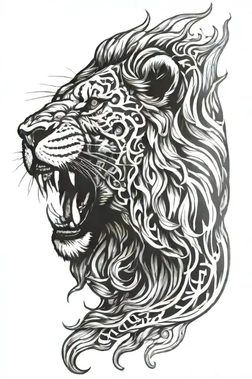 lion with human head in the mouth open tattoo design idea