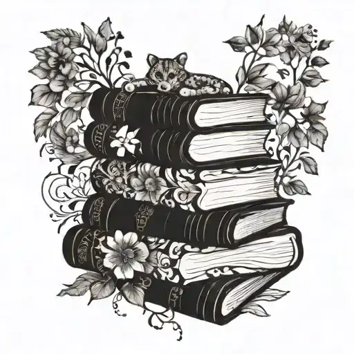 A stack of books with animal paw prints leading up to them, surrounded by delicate floral patterns tattoo design idea