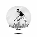 A sketch-style tattoo of a tennis player serving a baseball with the Chicago skyline in the background tattoo design idea