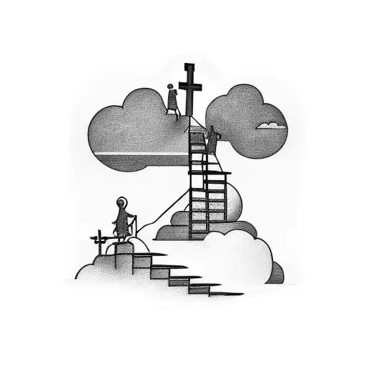 Staircase going up to a cross with clouds in the background tattoo design idea