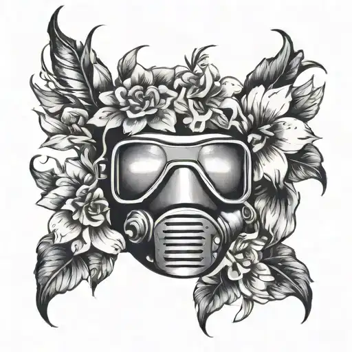 A welding mask surrounded by flowers tattoo design idea