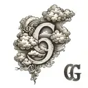 shading clouds and letters G and tattoo design idea