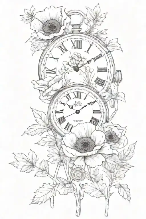 poppy flowers,foliage,pocket watch, growth ann strength, memorial  tattoo design idea