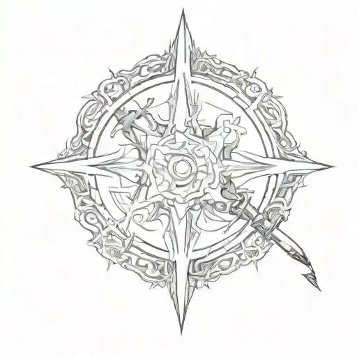 Design a tattoo that combines the following elements: 1. The Berserk Mark of Sacrifice in the center of the design, tattoo design idea