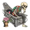 skeleton wearing sunglasses and a hawaiian shirt inside a coffin tattoo design idea