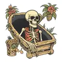 skeleton wearing sunglasses and a hawaiian shirt inside a coffin tattoo design idea