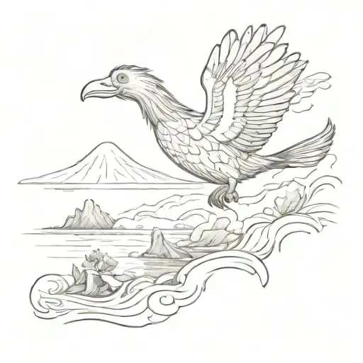 a dodo flying over the ocean in front of a volcano tattoo design idea