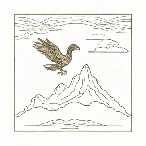a dodo flying over the ocean in front of a volcano in the style of Jack Sparrow's tattoo tattoo design idea