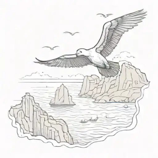 a dodo flying over the ocean in front of the cliffs of Etretat  tattoo design idea