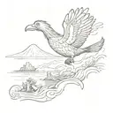 a dodo flying over the ocean in front of a volcano tattoo design idea