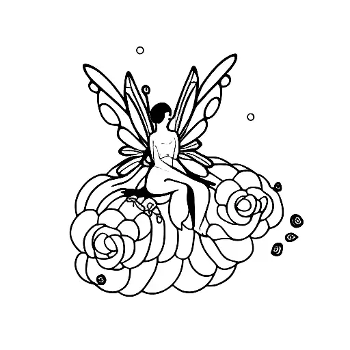 A minimalist tattoo of a fairy sitting on a pile of books tattoo design idea