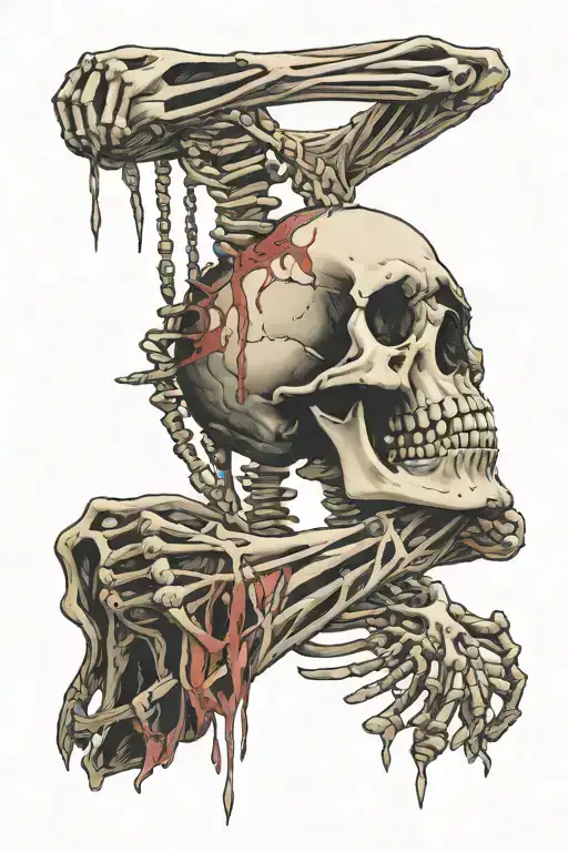 Spine tattoo of a skeleton arm going up the back, and the hand wrapped around the neck  tattoo design idea