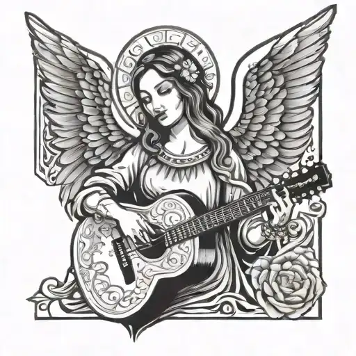 A stylized angel with a halo and wings, holding a rosary in one hand and a guitar in the other, set against a backdrop of a Mexican church tattoo design idea