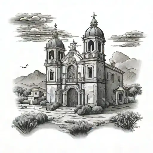 A black and grey mural of a church in a Mexican landscape tattoo design idea