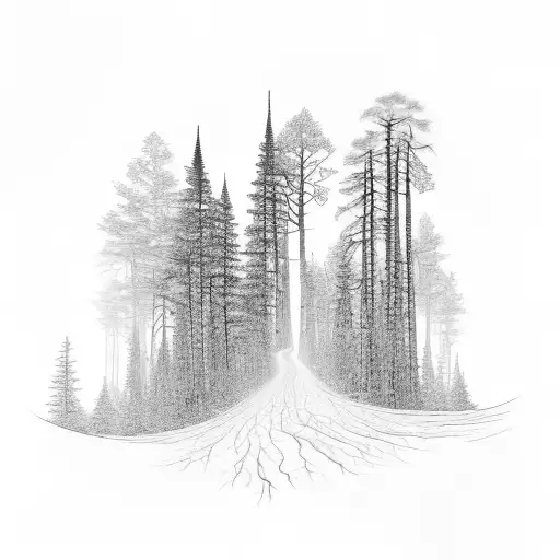 A trail winding through a forest of towering trees, with a hidden message in the bark tattoo design idea
