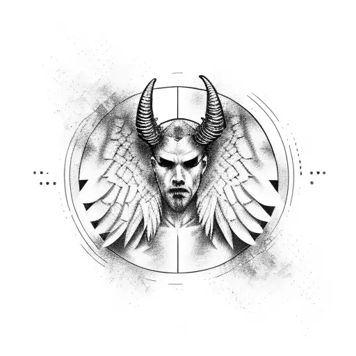 A rapper with angel wings and demon horns, standing on a mountain peak tattoo design idea