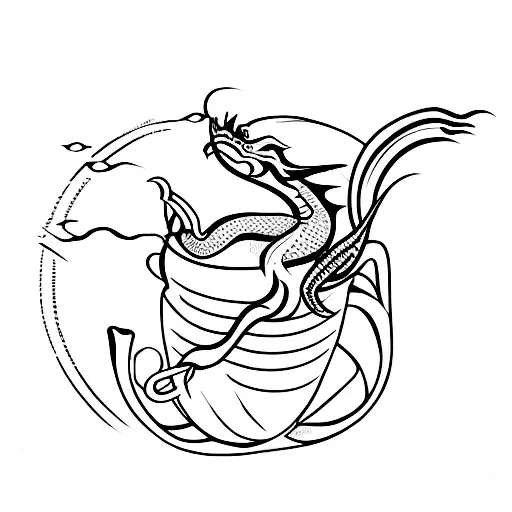 A minimalist tattoo of a dragon swimming in a coffee cup tattoo design idea