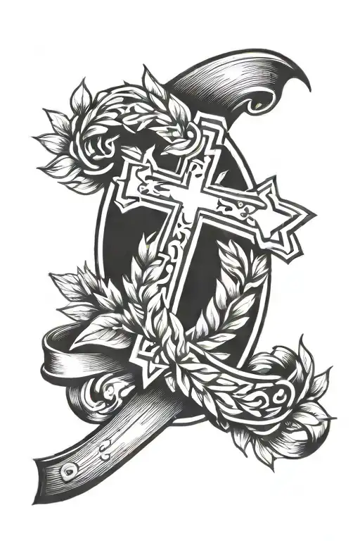 laurel wreath around knee with a cross tattoo tattoo design idea