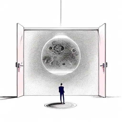 man standing on a planet in front of a large door that is glowing pink around it.  tattoo design idea