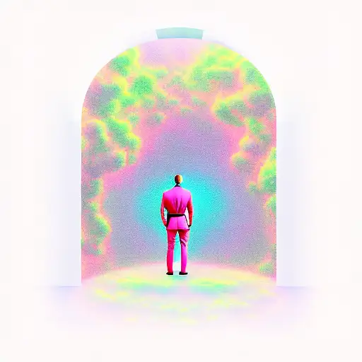 man standing on a planet in front of a large door that is glowing pink around it.  tattoo design idea