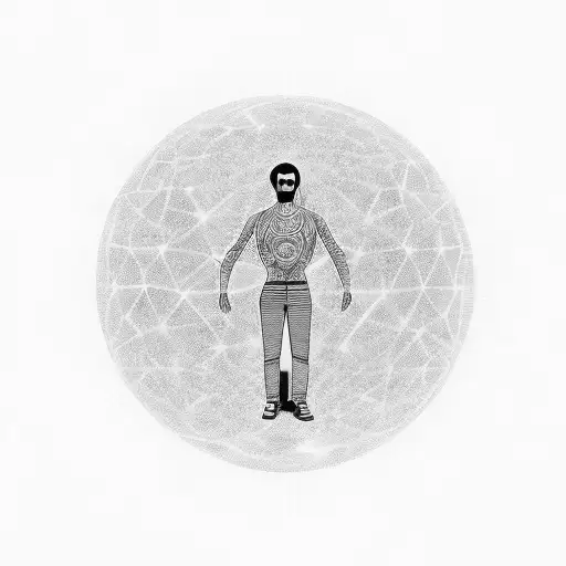 man standing on a planet in front of a large door that is glowing pink around it.  tattoo design idea