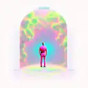 man standing on a planet in front of a large door that is glowing pink around it.  tattoo design idea
