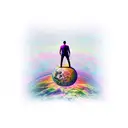 man standing on a planet in front of a large door that is glowing pink around it.  tattoo design idea