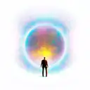 man standing on a planet in front of a large door that is glowing pink around it.  tattoo design idea