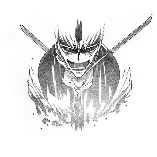 Create a tattoo of Ichigo Kurosaki wielding a sword in a black-grey style tattoo design idea