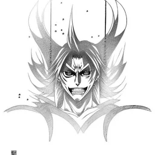 Design a tattoo that depicts Ichigo Kurosaki surrounded by his Zanpakuto swords in a black-grey style. tattoo design idea