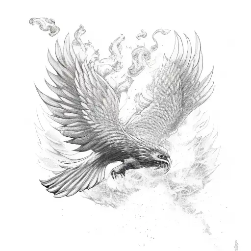 A one wing broken Phoenix diving up from flames tattoo design idea