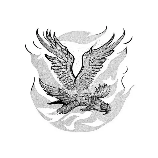 A one wing broken Phoenix diving up from flames tattoo design idea