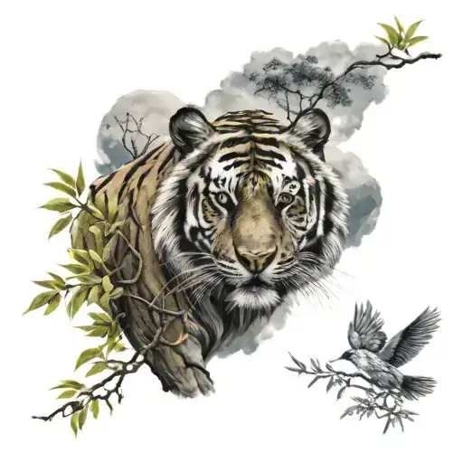 Tiger, ocean, willow tree and bird flying in the sky tattoo design idea