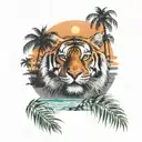 Tiger head, beach with palm trees, willow leaves sunset over lake tattoo design idea