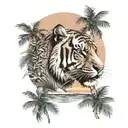 Tiger head, beach with palm trees, willow leaves sunset over lake tattoo design idea