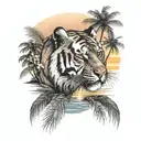 Tiger head, beach with palm trees, willow leaves sunset over lake tattoo design idea