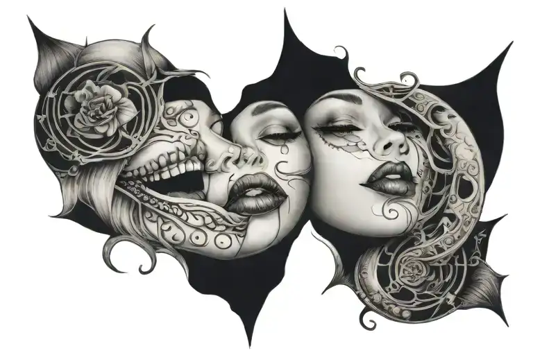 ladys lips kissing darkness dark moon phases intertwined tattoo design idea