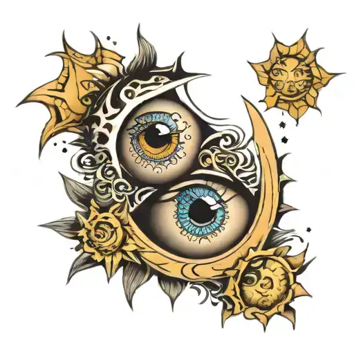 half moon and half sun with eyes and stars in the eye tattoo design idea