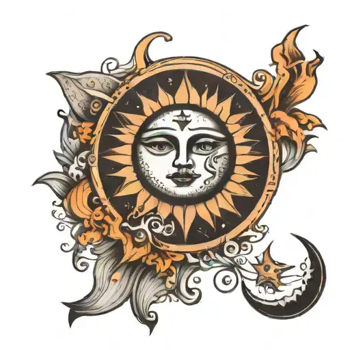 Circle with half moon and half sun with eyes and star in it  tattoo design idea