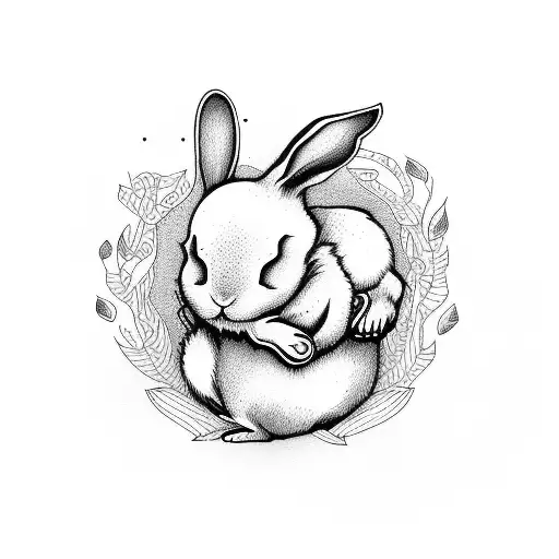 Sleeping bunny holding a skull tattoo design idea