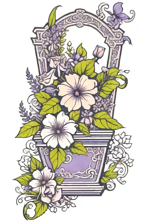 purple flowers surrounding coffin tattoo design idea