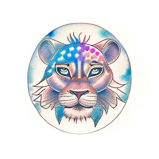 simba and Nala back to back with a watercolor sunrise behind them tattoo design idea