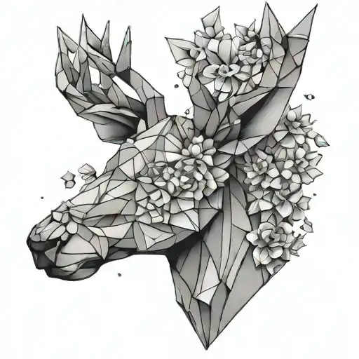 origami deer head with flowers intertwined tattoo design idea