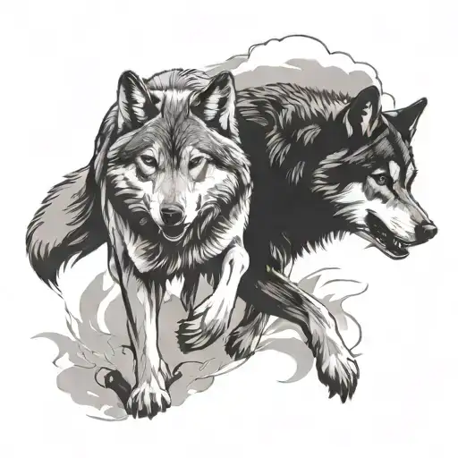illuistrative two wolves running  tattoo design idea