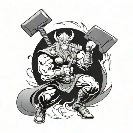 Realistic Thor: Stance: An imposing pose, holding Mjölnir (his hammer) raised, ready to call down lightning. tattoo design idea