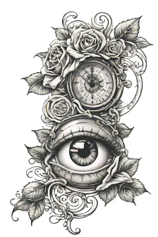 eye clock rose intertwined tattoo design idea